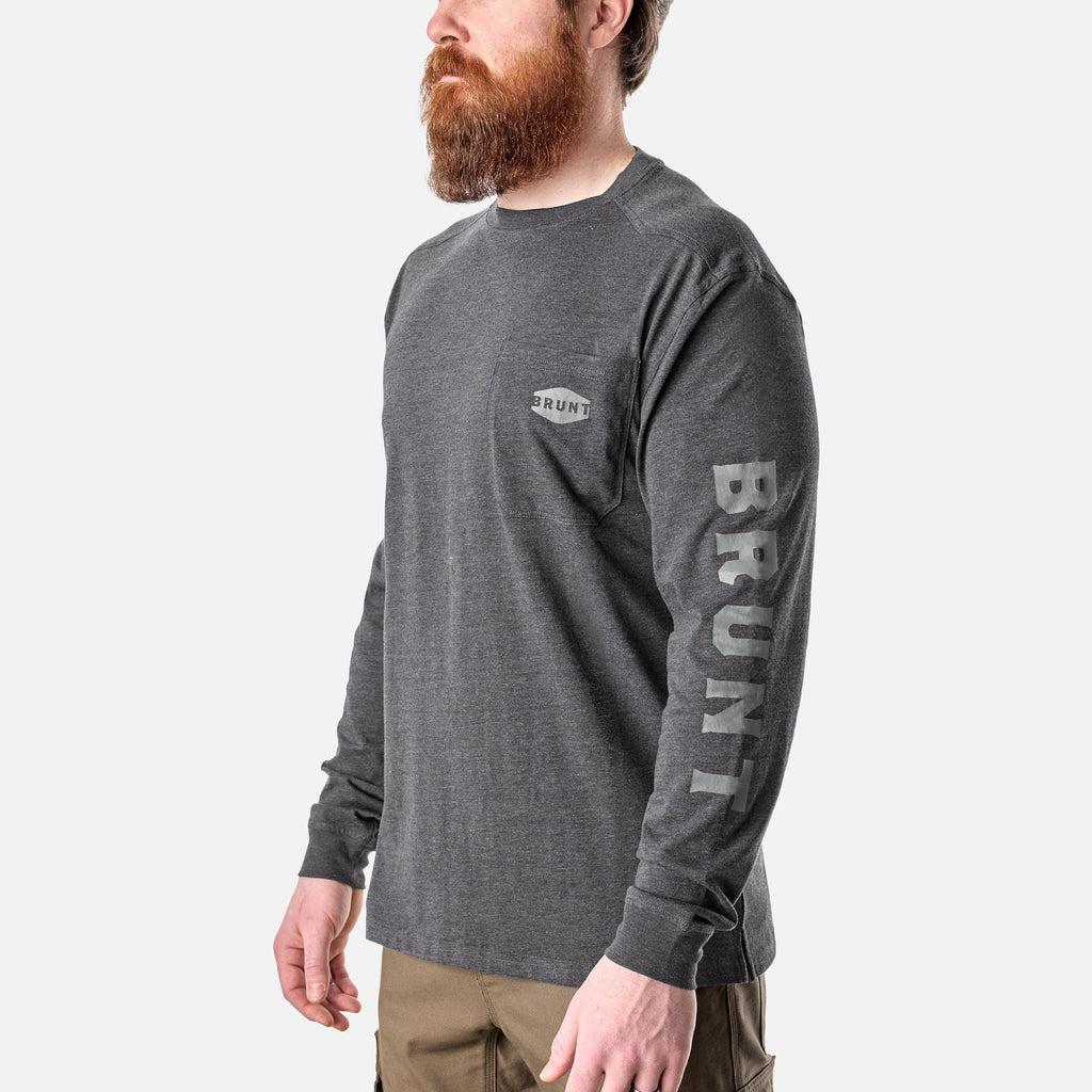 45 degree angle of the front left of the BRUNT high quality long sleeve pocket tee in dark grey heather * 4
