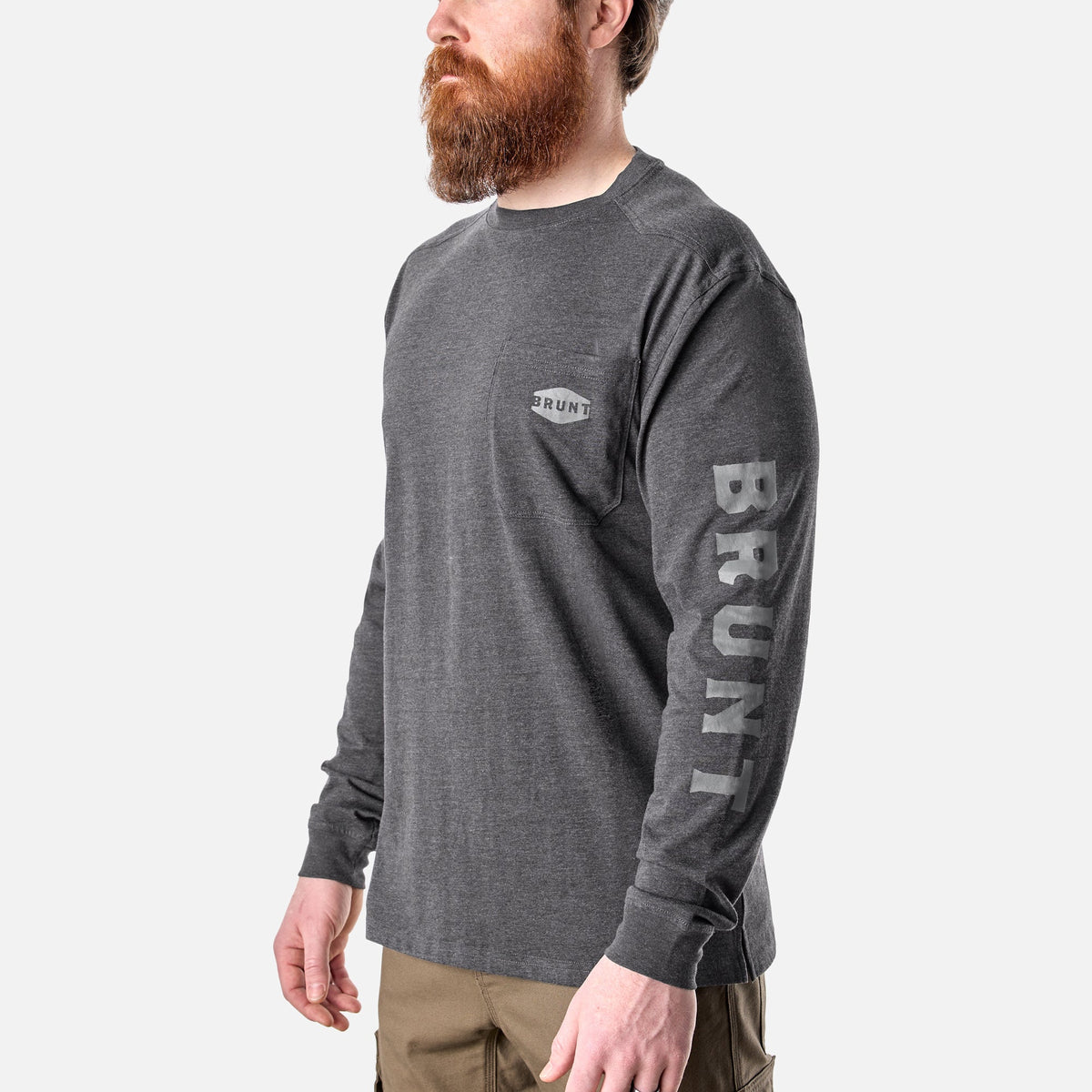 45 degree angle of the front left of the BRUNT high quality long sleeve pocket tee in dark grey heather * 4