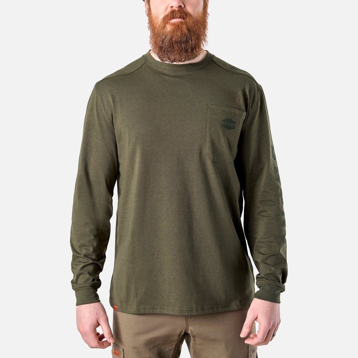 View 1 front of the BRUNT high quality long sleeve pocket tee in army green heather * 2