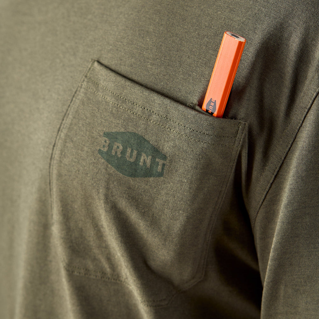 View 2 front of chest pocket with pencil slot of the BRUNT high quality long sleeve pocket tee in army green heather * 2