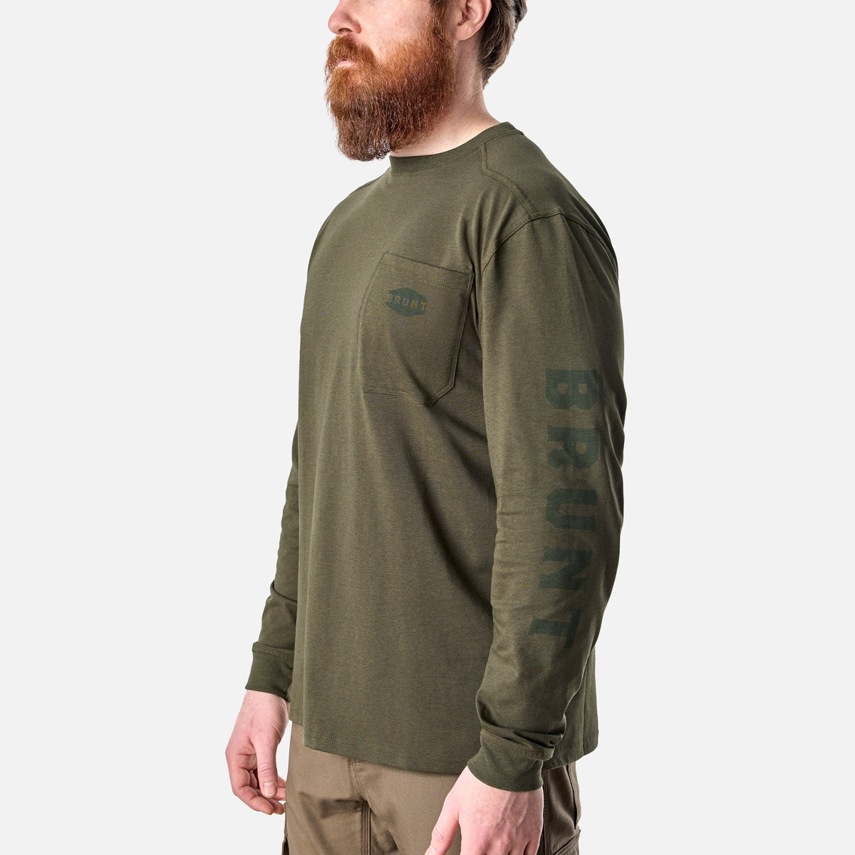 45 degree angle of the front left of the BRUNT high quality long sleeve pocket tee in army green heather * 2