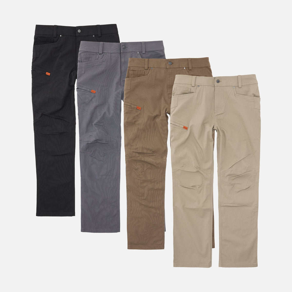 Four BRUNT water resistant stretch torra work pant in black, charcoal, brown and khaki