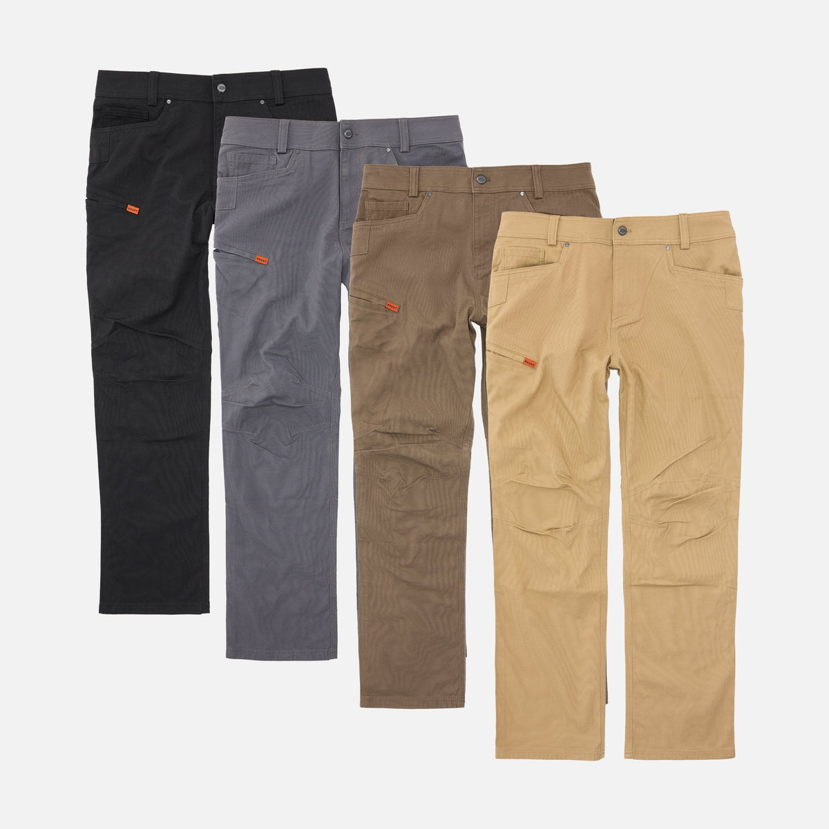 Four BRUNT water resistant stretch torra work pant in black, charcoal, brown and tan