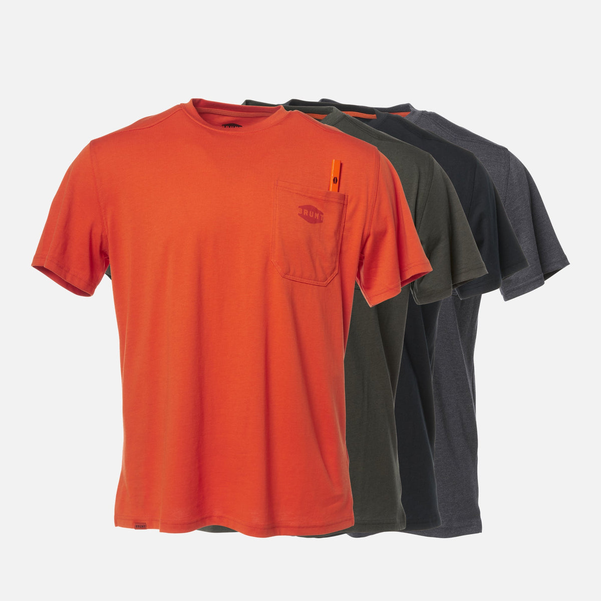 Front of the BRUNT high quality short sleeve pocket tee in BRUNT orange, army green, black and dark grey
