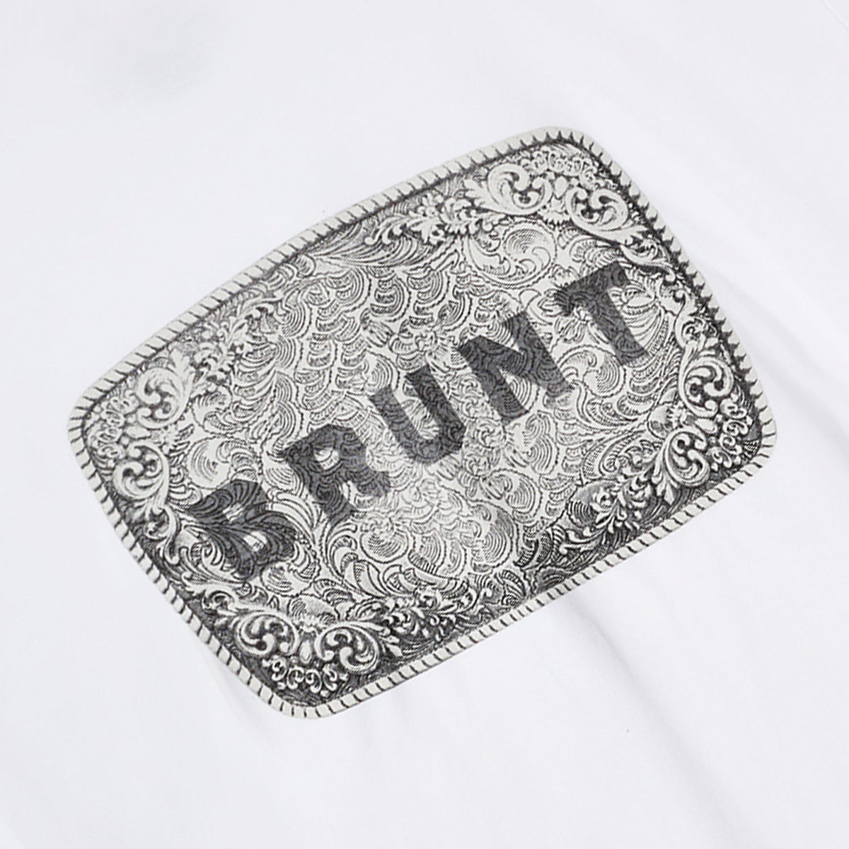 View 2 graphic of the BRUNT high quality t-shirt in white with belt buckle graphic on front * 0