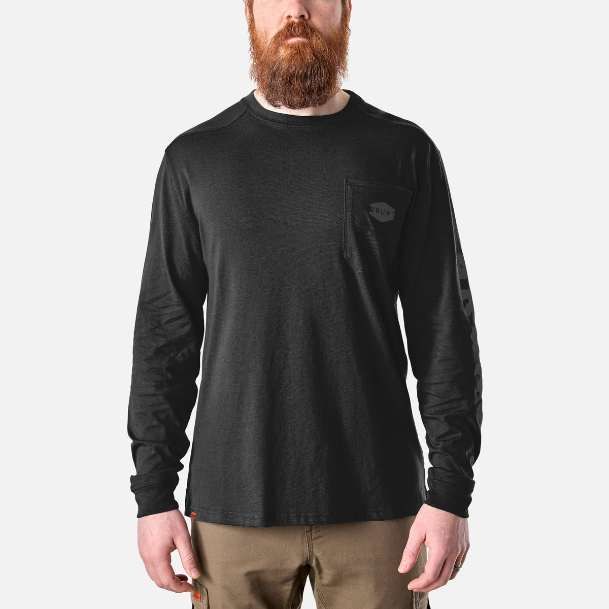 View 1 front of the BRUNT high quality long sleeve pocket tee in black * 1