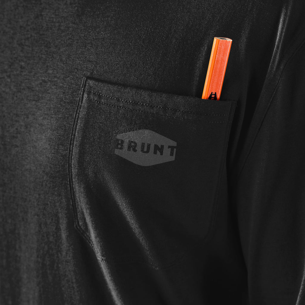 View 2 front of chest pocket of the BRUNT high quality long sleeve pocket tee in black * 1