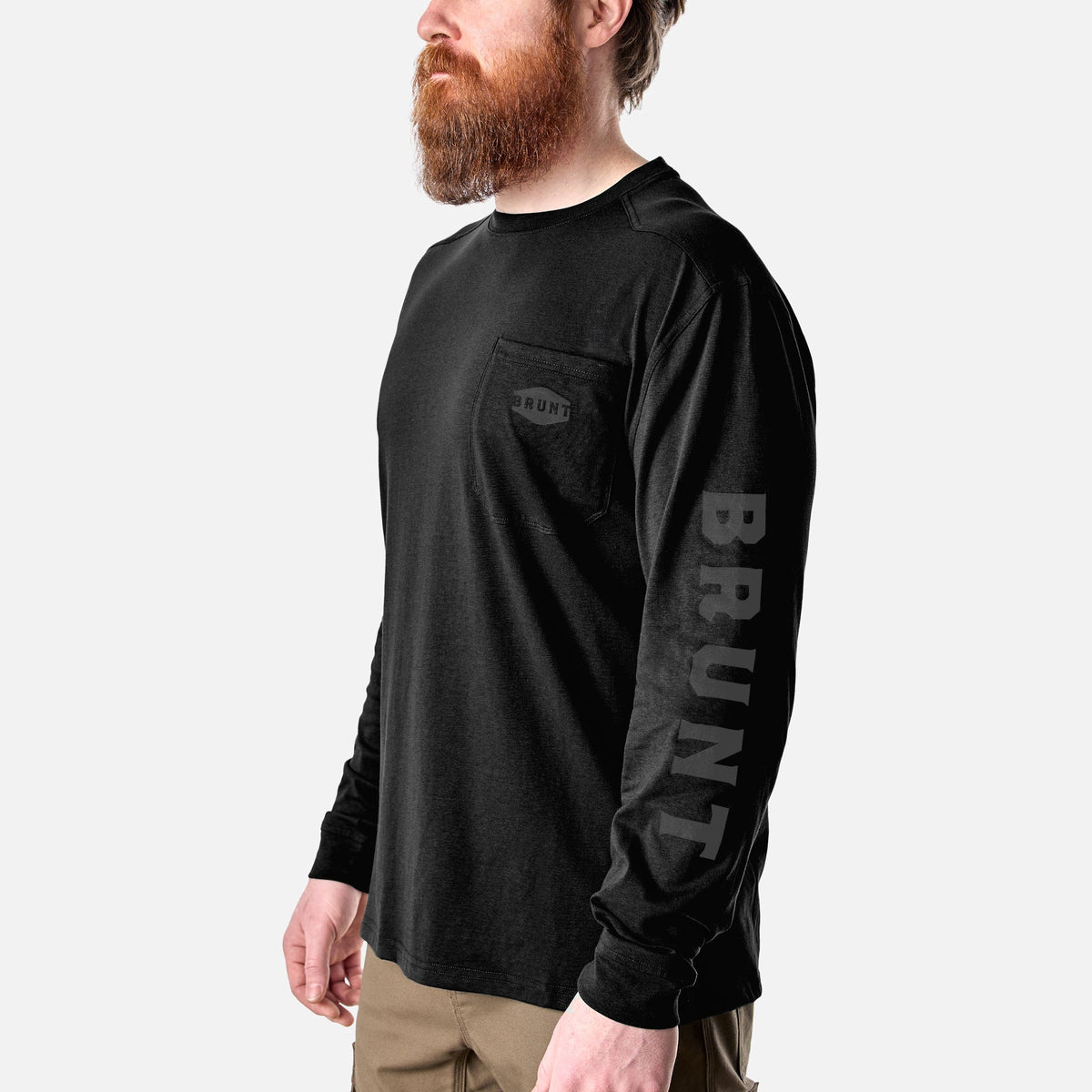 45 degree angle of the front left of the BRUNT high quality long sleeve pocket tee in black * 1