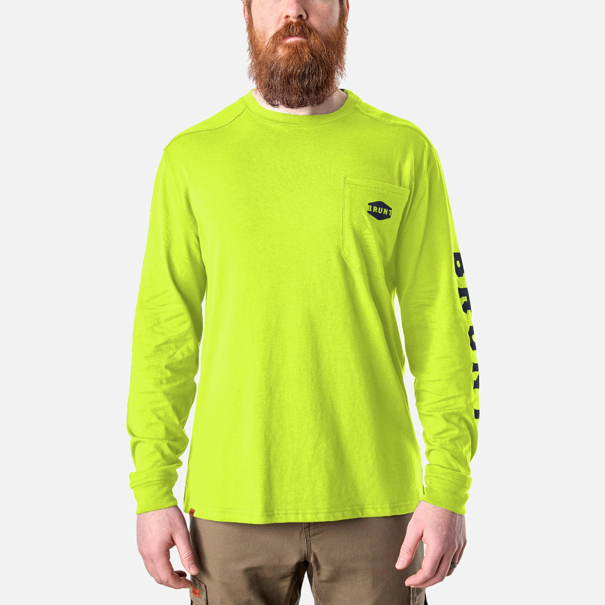 View 1 front of the BRUNT high quality long sleeve pocket tee in hi vis yellow * 6