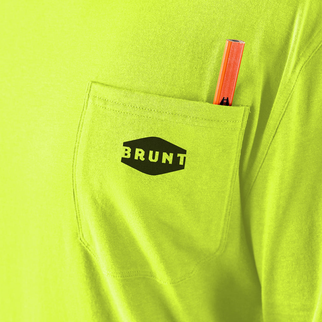 View 2 front of chest pocket with pencil slot of the BRUNT high quality long sleeve pocket tee in hi vis yellow * 6