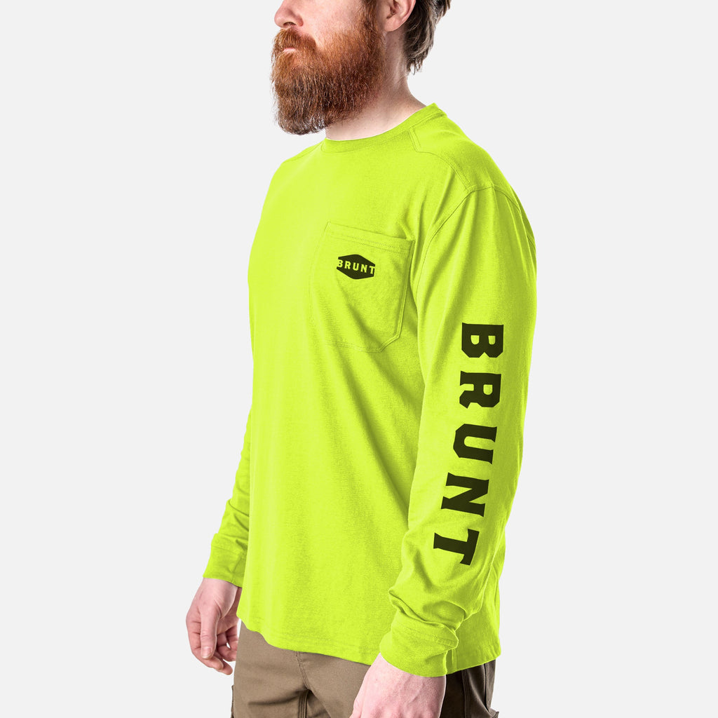 45 degree angle of the front left of the BRUNT high quality long sleeve pocket tee in hi vis yellow * 6
