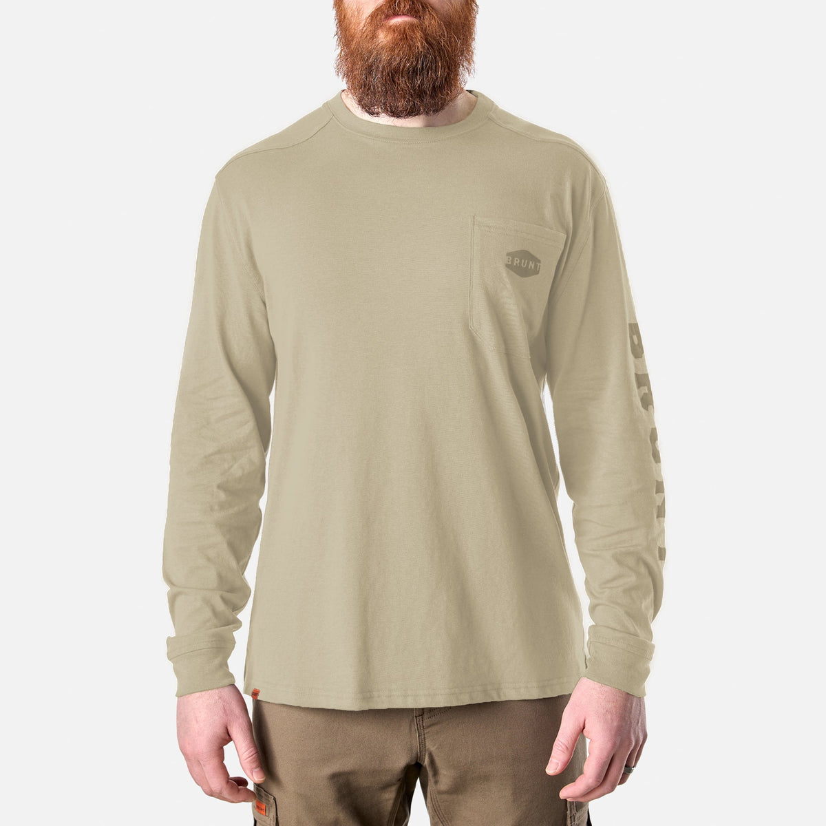 View 1 front of the BRUNT high quality long sleeve pocket tee in khaki