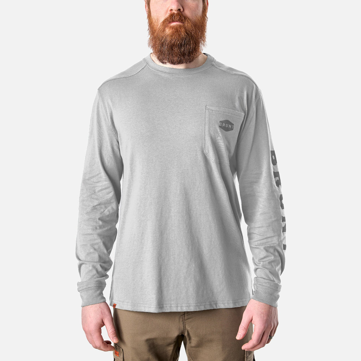 View 1 front of the BRUNT high quality long sleeve pocket tee in light grey heather * 0