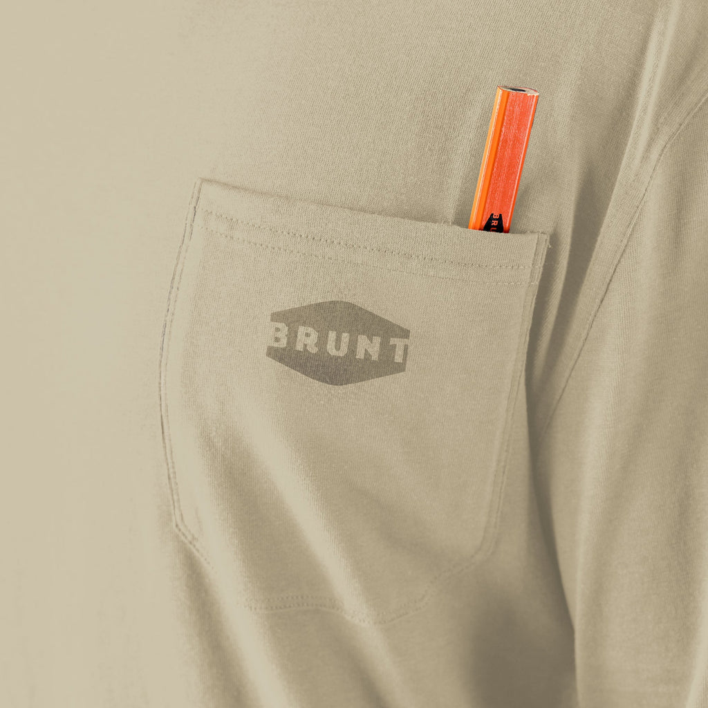 View 2 front of chest pocket with pencil slot of the BRUNT high quality long sleeve pocket tee in khaki