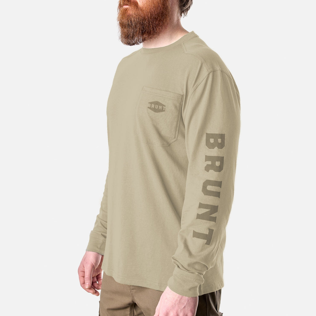 45 degree angle of the front left of the BRUNT high quality long sleeve pocket tee in khaki