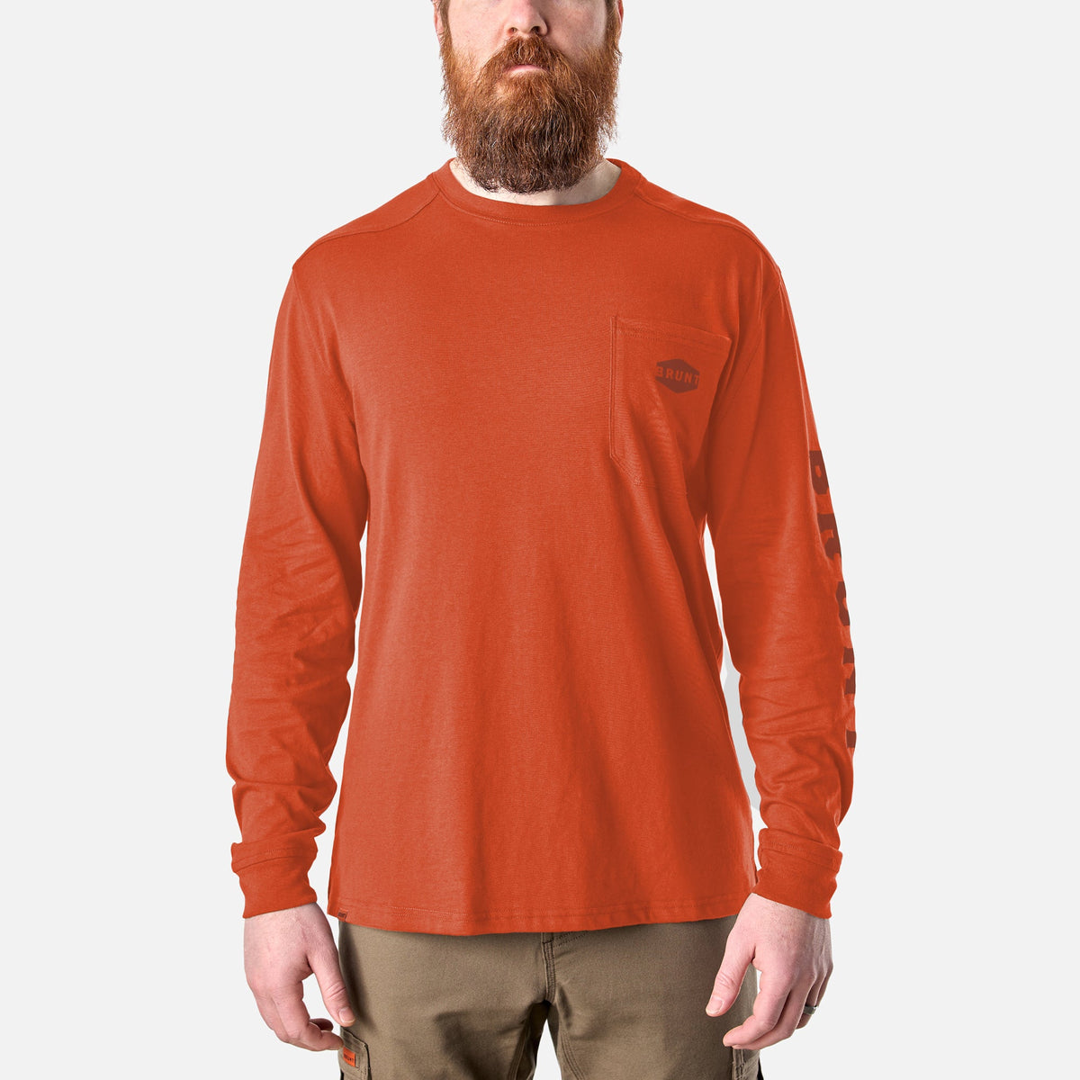 View 1 front of the BRUNT high quality long sleeve pocket tee in BRUNT orange * 3