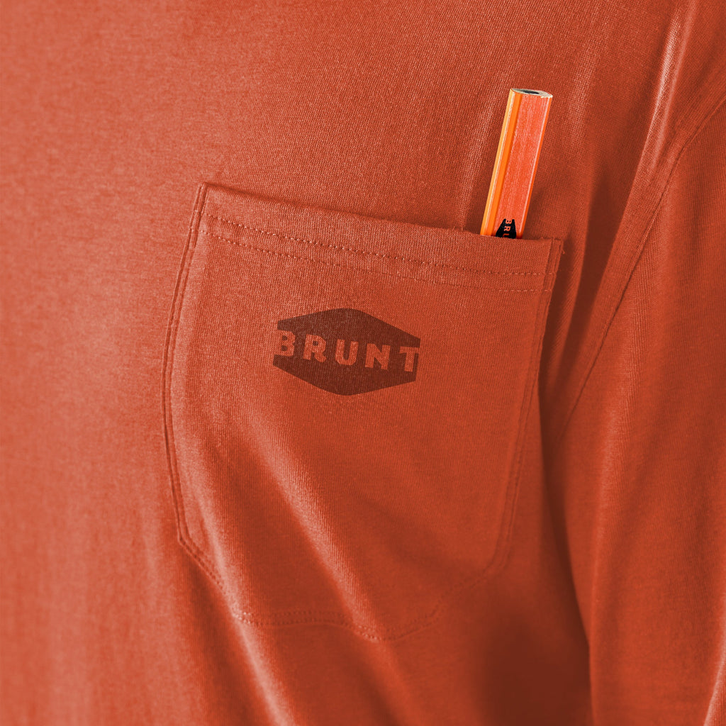 View 2 front of chest pocket with pencil slot of the BRUNT high quality long sleeve pocket tee in BRUNT orange * 3