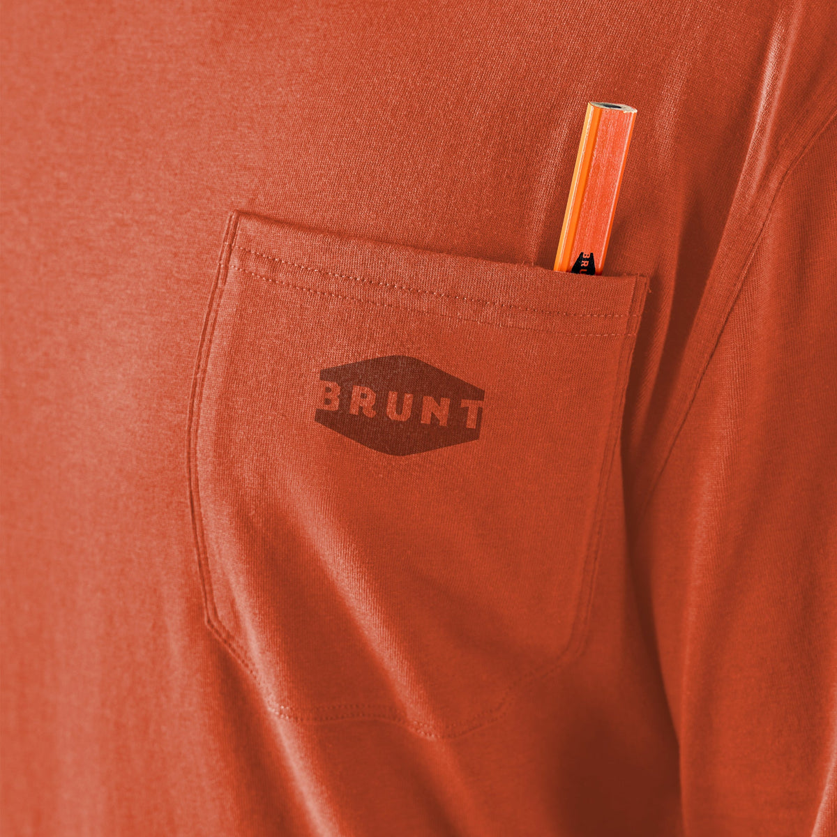 View 2 front of chest pocket with pencil slot of the BRUNT high quality long sleeve pocket tee in BRUNT orange * 3