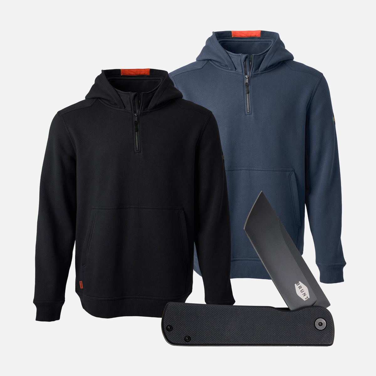 Two BRUNT water resistant shevlin work quarter zip hoodie in black and navy blue with BRUNT pocket tee