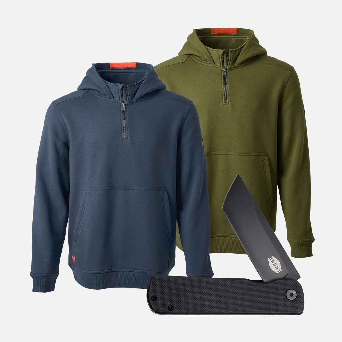 Two BRUNT water resistant shevlin work quarter zip hoodie in navy blue and hunter green with BRUNT pocket knife