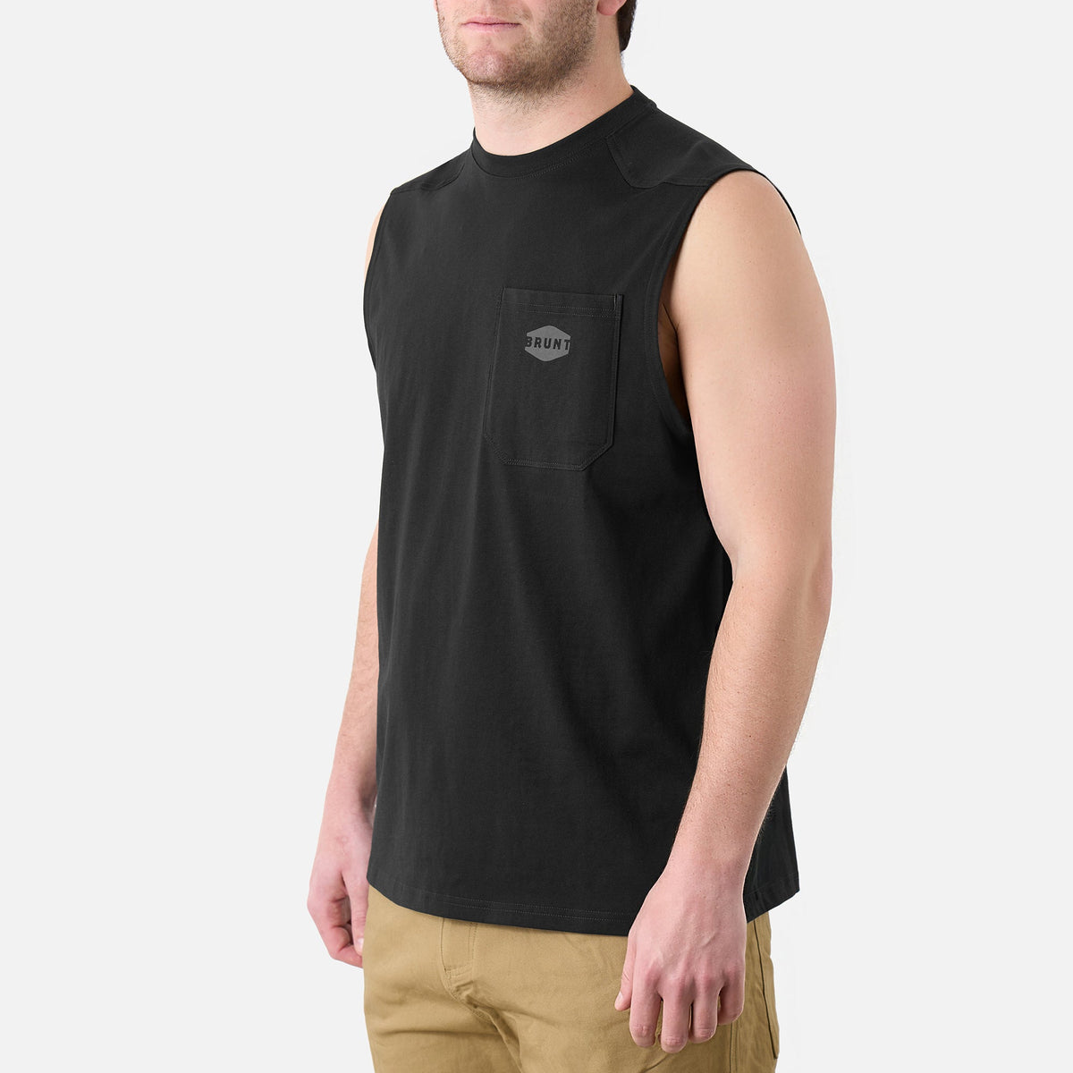 45 degree angle of the front left of the BRUNT comfortable sleeveless pocket tee in black * 0