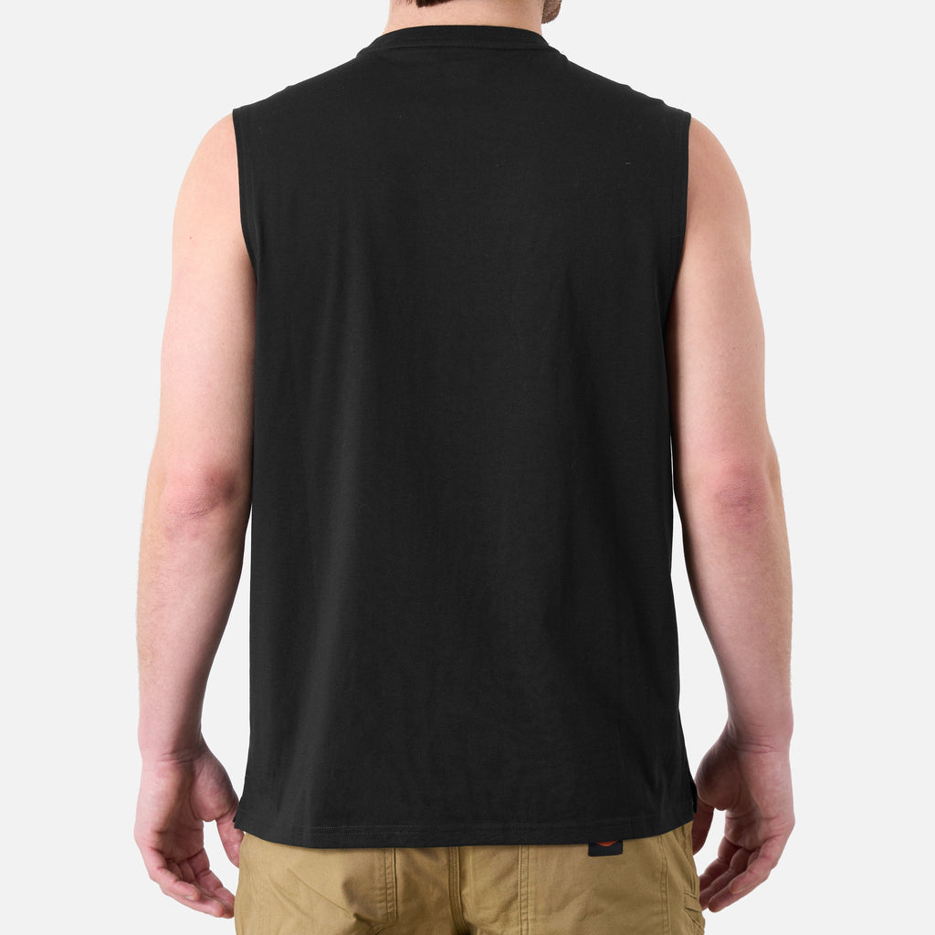 Back of the BRUNT comfortable sleeveless pocket tee in black * 0
