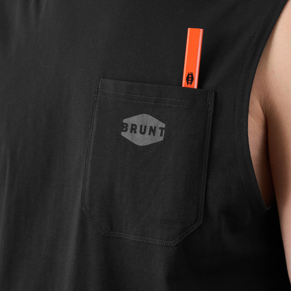View 2 front of chest pocket with pencil slot of the BRUNT comfortable sleevless pocket tee in black * 0