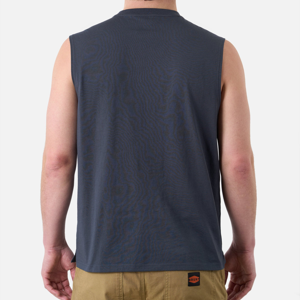 Back of the BRUNT comfortable sleeveless pocket tee in navy blue * 4