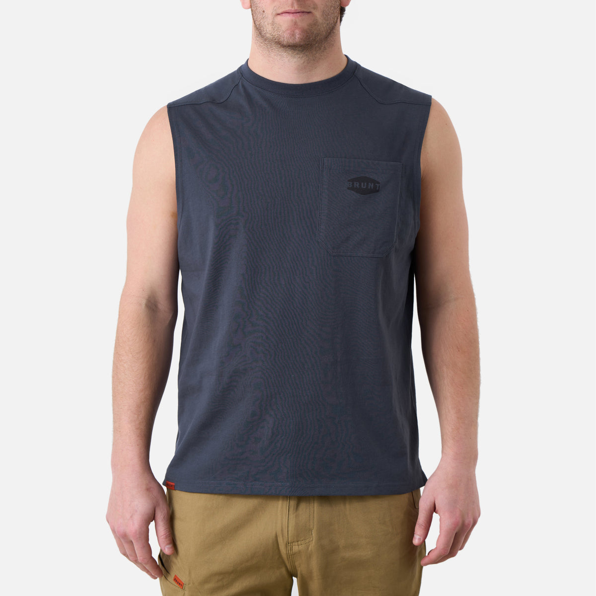 View 1 front of the BRUNT comfortable sleeveless pocket tee in navy blue * 4