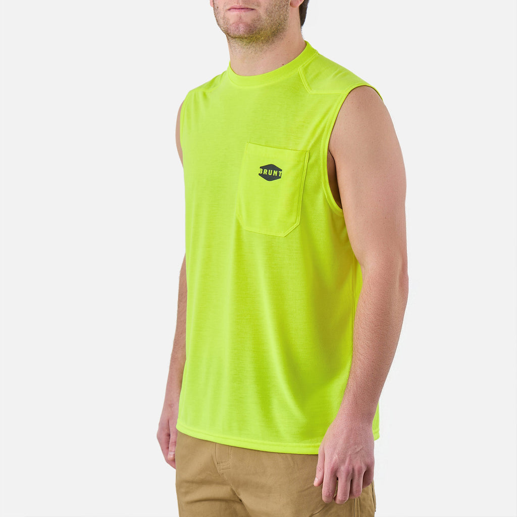 45 degree angle of the front left of the BRUNT comfortable sleeveless pocket tee in hi vis yellow * 3