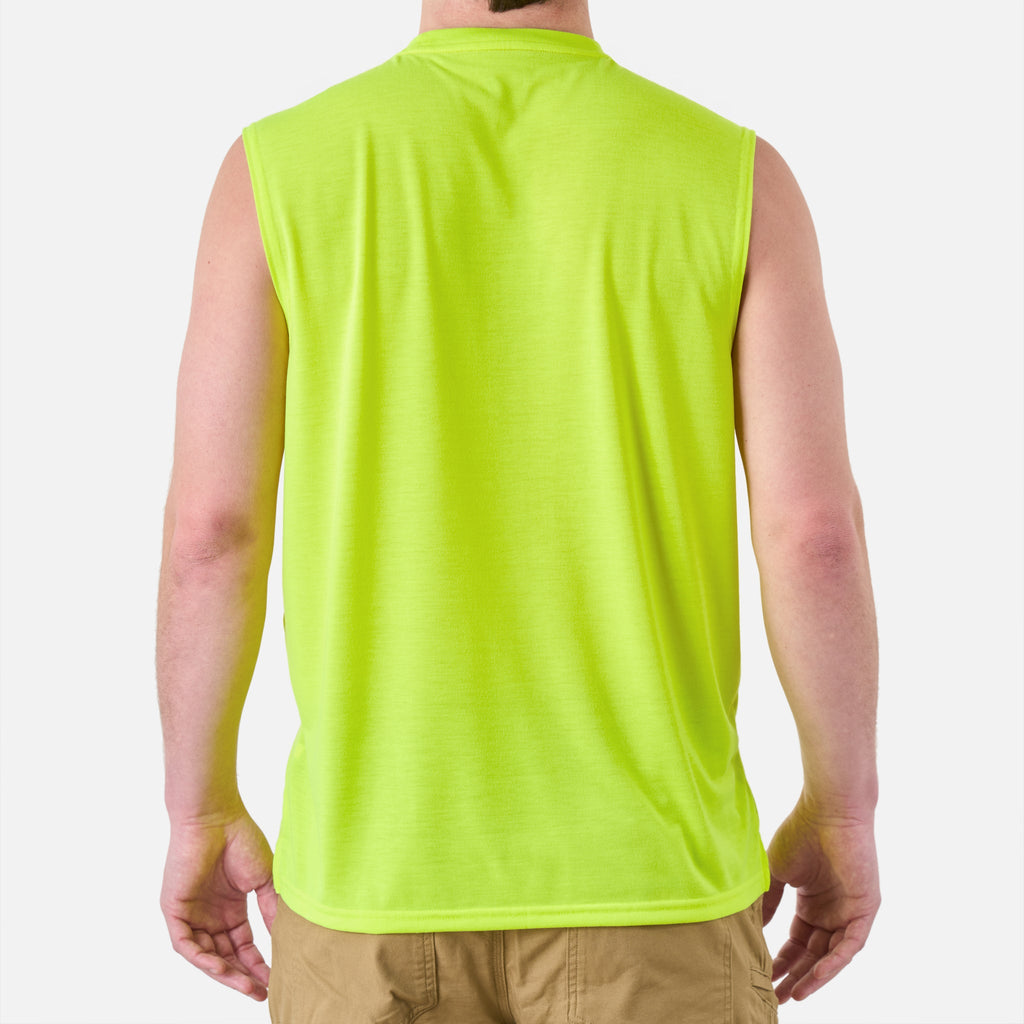 Back of the BRUNT comfortable sleeveless pocket tee in hi vis yellow * 3