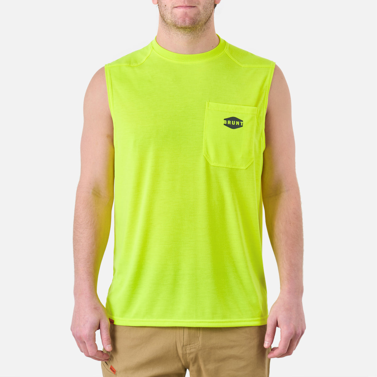 View 1 front of the BRUNT comfortable sleeveless pocket tee in hi vis yellow * 3