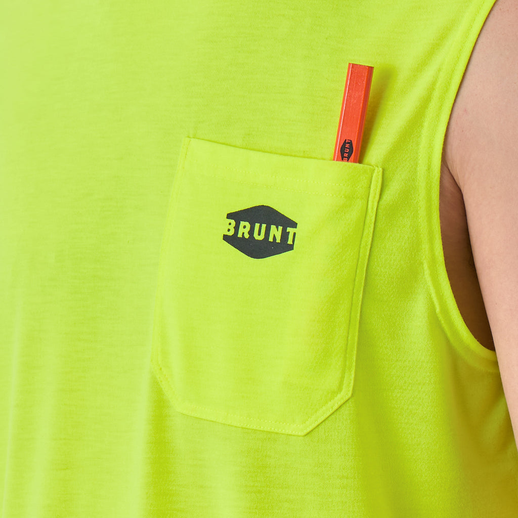 View 2 front of chest pocket with pencil slot of the BRUNT comfortable sleevless pocket tee in hi vis yellow * 3