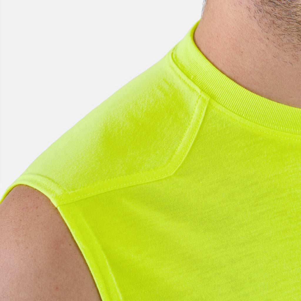 Close up of the drop shoulder of the BRUNT comfortable sleeveless pocket tee in hi vis yellow * 3
