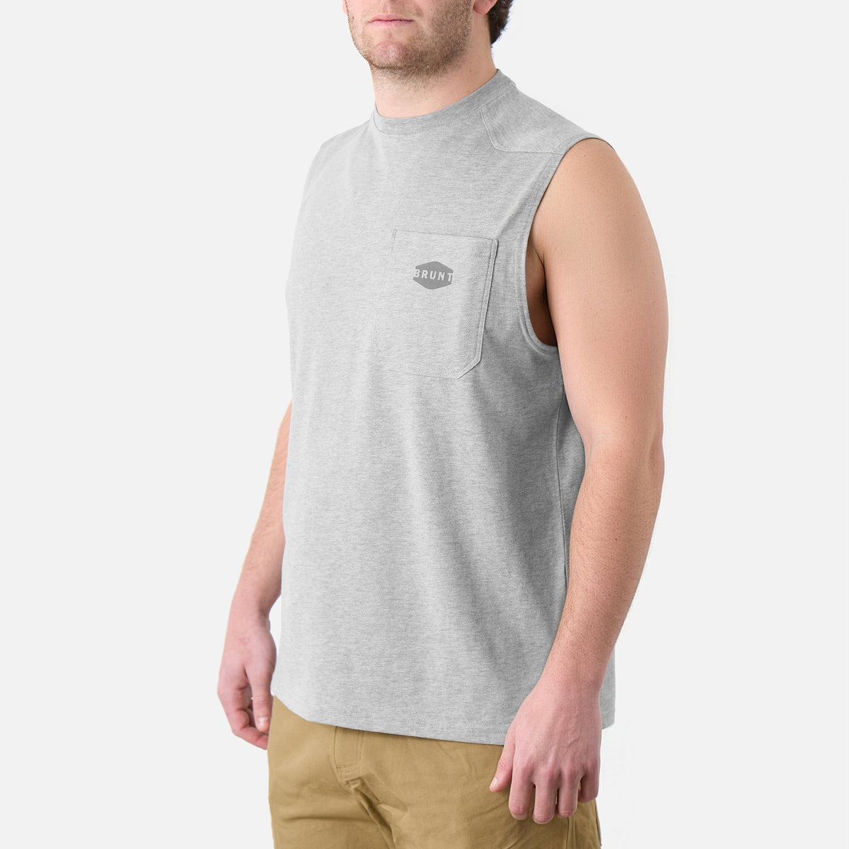 45 degree angle of the front left of the BRUNT comfortable sleeveless pocket tee in light grey heather * 2