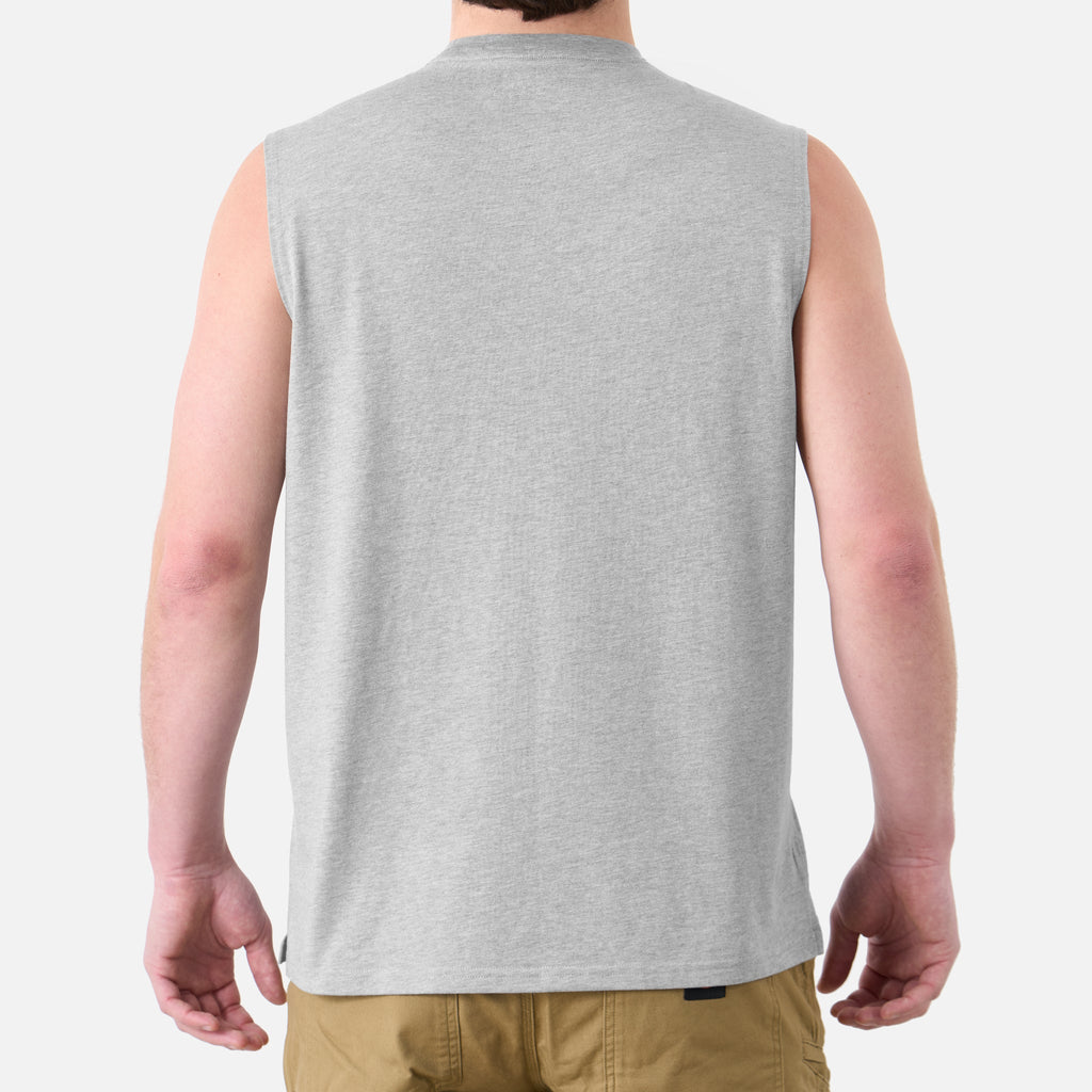 Back of the BRUNT comfortable sleeveless pocket tee in light grey heather * 2