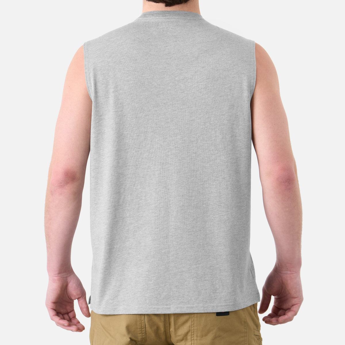 Back of the BRUNT comfortable sleeveless pocket tee in light grey heather * 2