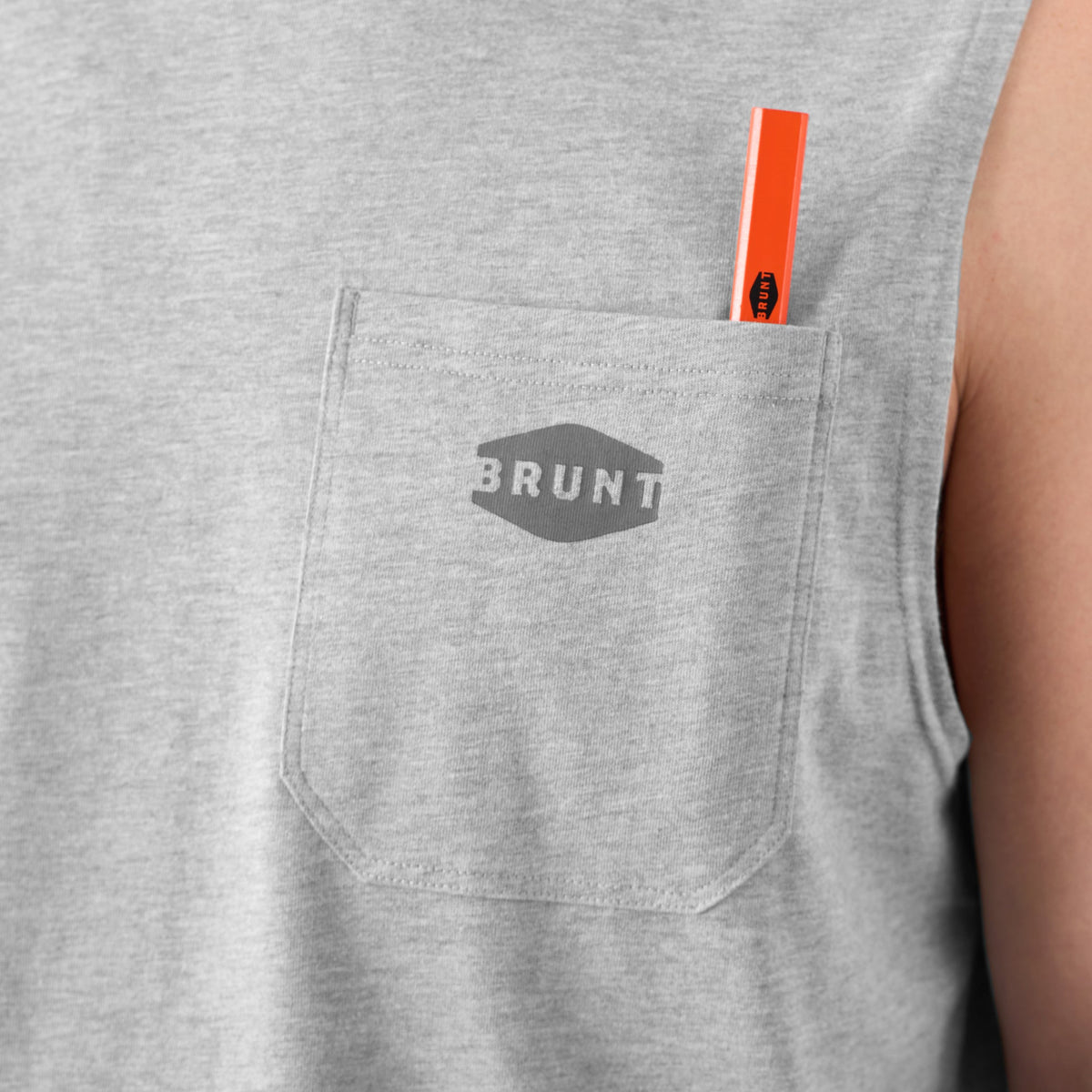 View 2 front of chest pocket with pencil slot of the BRUNT comfortable sleevless pocket tee in light grey heather * 2