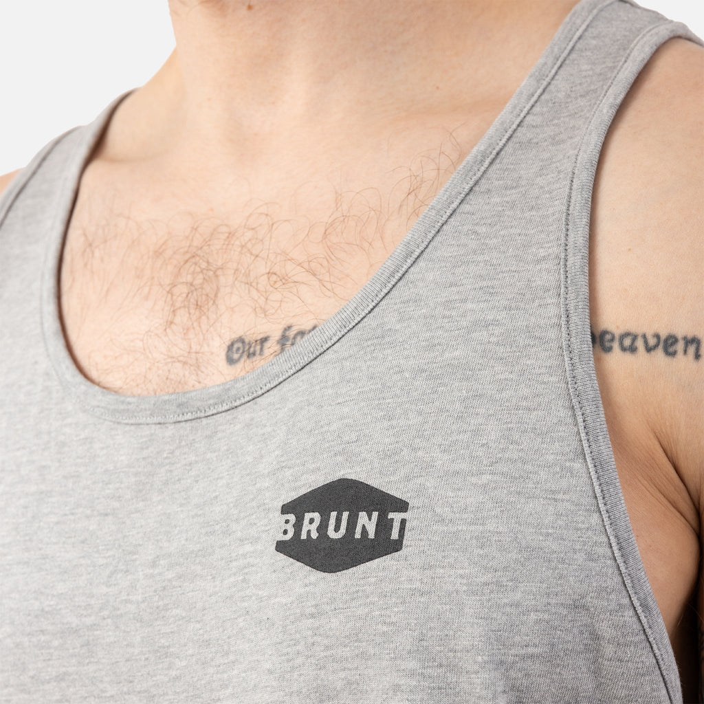 Close up of BRUNT comfortable work tank top in light grey heather