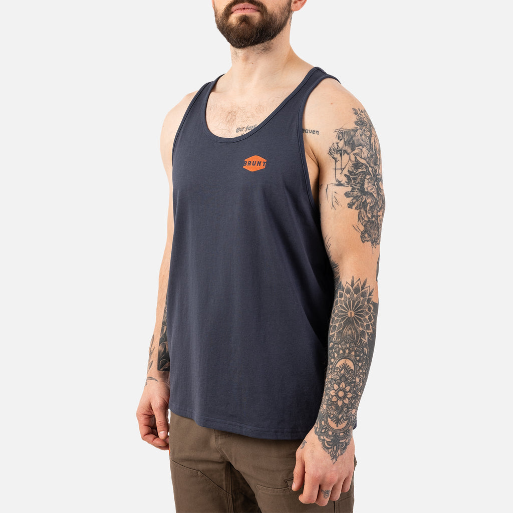 View 2 45 degree angle of front left of the BRUNT comfortable work tank top in navy blue