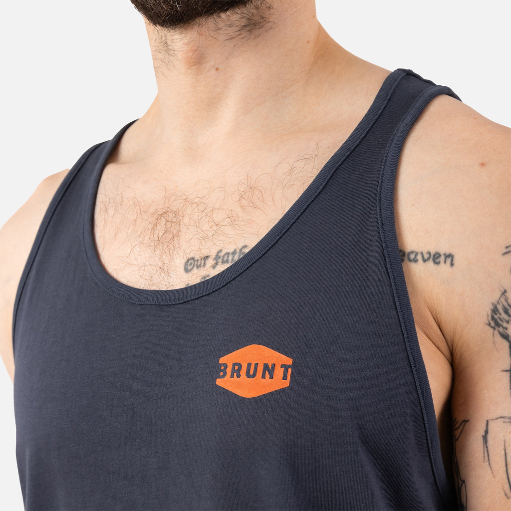 Close up of BRUNT comfortable work tank top in navy blue