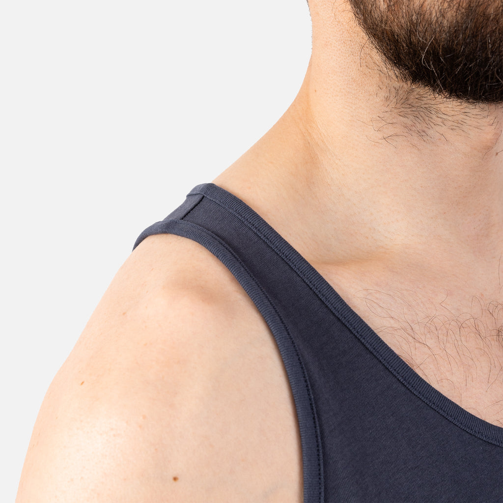 Close up of right shoulder of BRUNT comfortable work tank top in navy blue