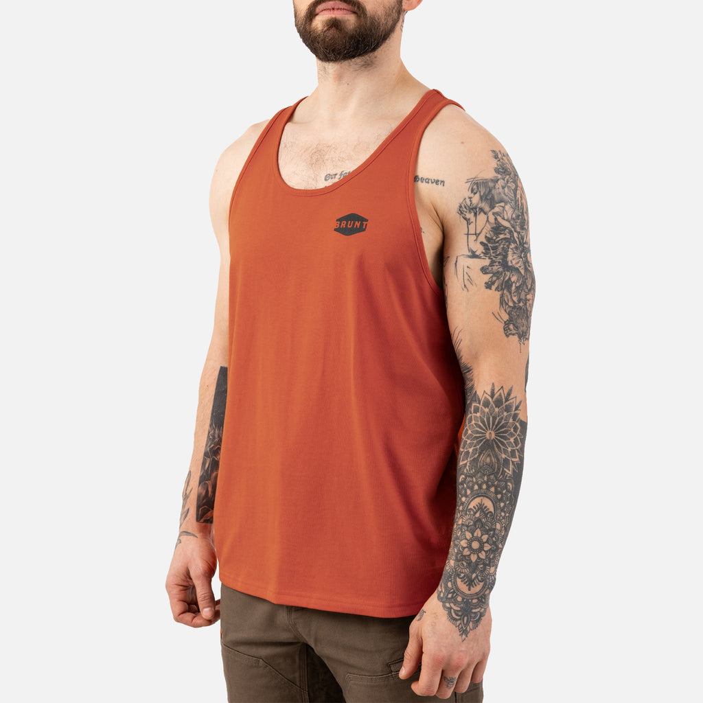 View 2 45 degree angle of front left of the BRUNT comfortable work tank top in BRUNT orange