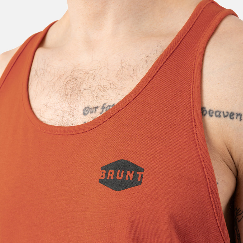 Close up of BRUNT comfortable work tank top in BRUNT orange