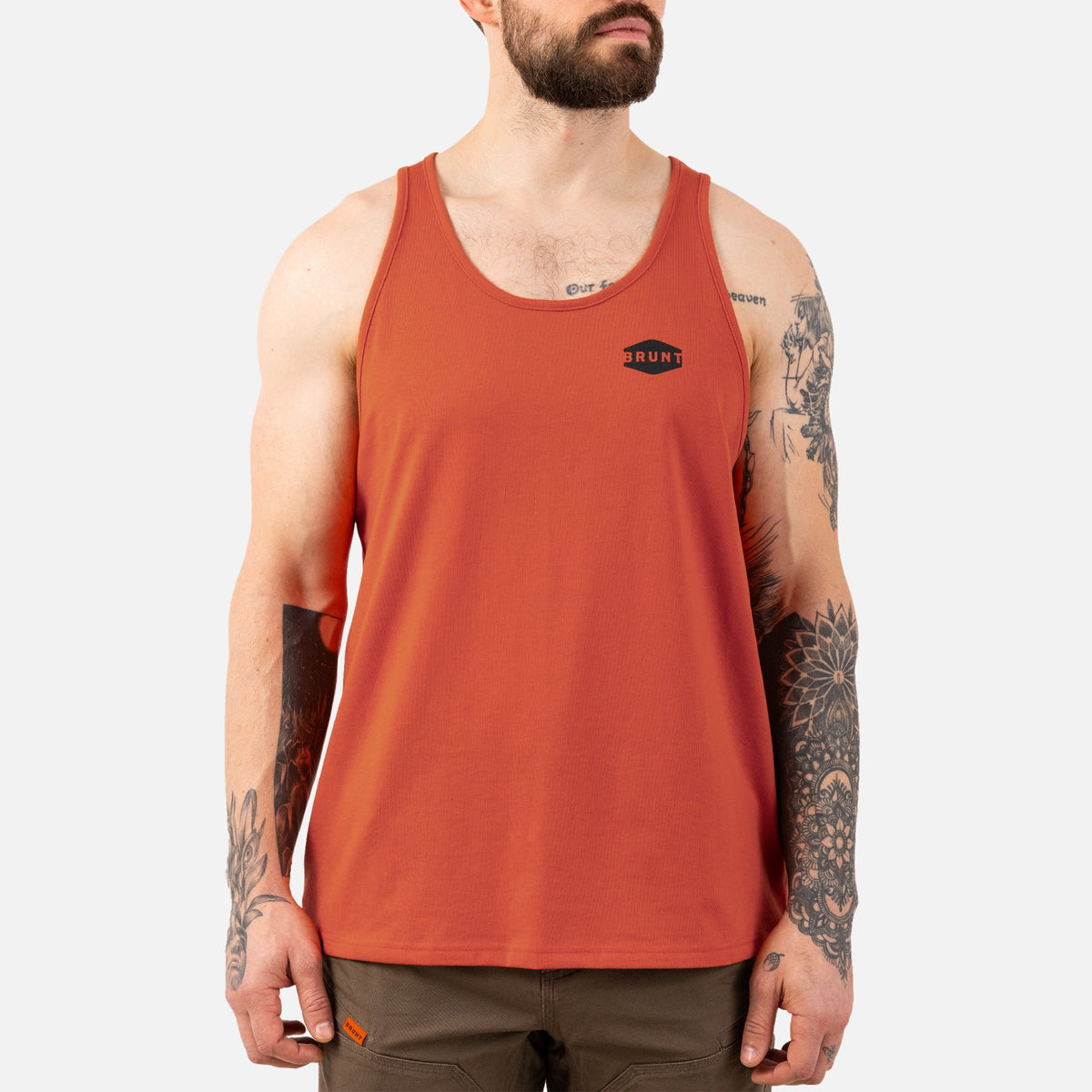 View 1 front of the BRUNT comfortable work tank top in BRUNT orange