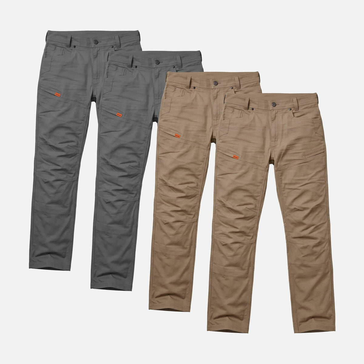Four of the BRUNT water resistant double knee cargo pants in charcoal and tan