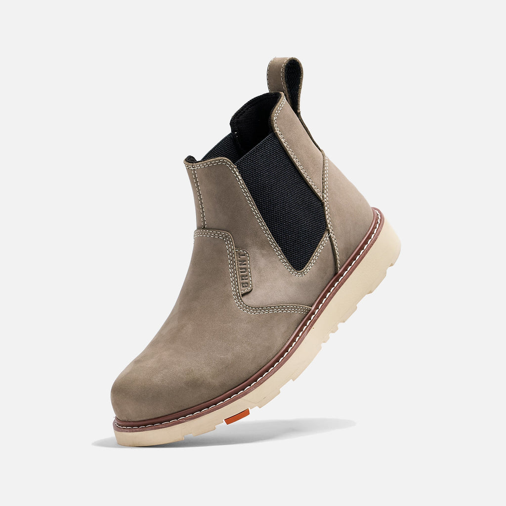 45 degree angle of the left BRUNT 6 inch water-resistant slip-on ohman work boot in light grey