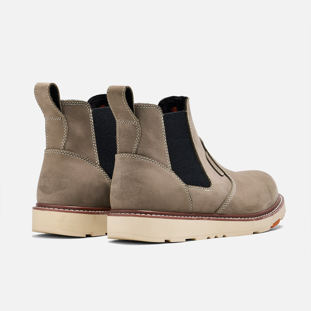 45 degree angle of the back BRUNT 6 inch water-resistant slip-on ohman work boot in light grey