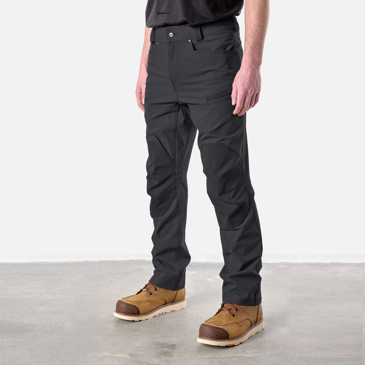45 degree angle of front left side of BRUNT water resistant durable breathable work pant in black