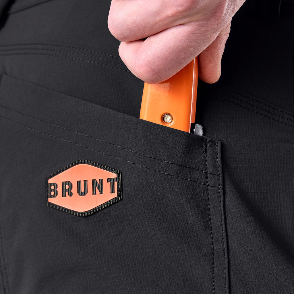 Back pocket of BRUNT water resistant durable breathable work pant in black